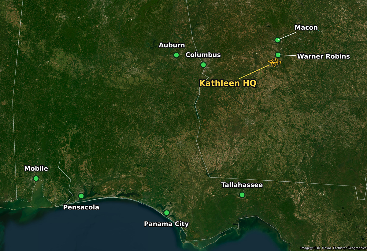 LDI service-area map showing Kathleen headquarters and markets in Auburn, Columbus, Macon, Warner Robins, Mobile, Pensacola, Panama City and Tallahassee.